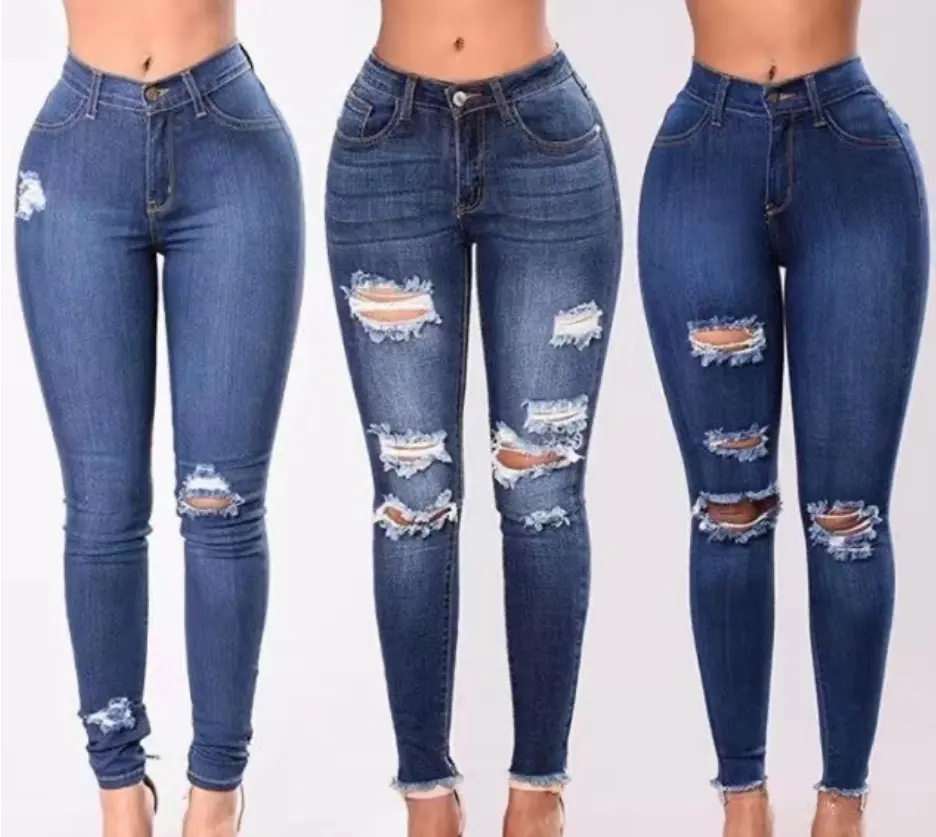 Artı boyutu yırtık kot kadınlar seksi sıska Denim kot moda Streetwear rahat kalem pantolon kadın streç anne kot pamuk