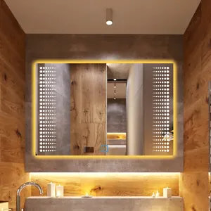 Cermin pintar LED tempel dinding layar sentuh, bercahaya cermin mandi lampu latar LED persegi panjang
