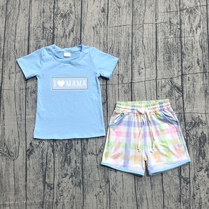 BSSO1605 Conjunto de Ropa Personalizado para Bebé Niño Azul con la Frase 'I Love Mom', Conjuntos de Verano al por Mayor - Product Image 1