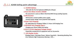 Station Portable LiFePO4 K2400 2160Wh 2400W Onduleur à Onde Sinusoïdale Pure Générateur <span class=keywords><strong>Solaire</strong></span> MPPT 600W Charge Rapide PD100W pour <span class=keywords><strong>Camping</strong></span>-<span class=keywords><strong>car</strong></span> - Product Image 2