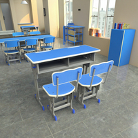 Ensemble Chaise et Bureau Scolaire Double Place en Bois Écologique Moderne et Durable, Hauteur Réglable, Bleu, pour Salle de Classe, Appartement, Chambre