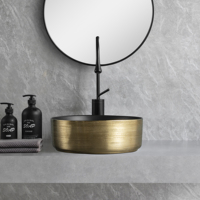 Lavabo rond en céramique noir et or électroplaqué de luxe, lavabo sur comptoir haut de gamme, lavabo moderne pour salle de bain