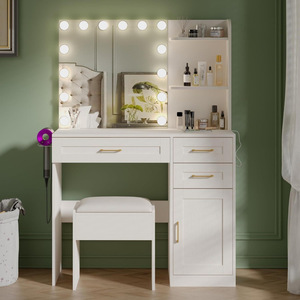 Table de maquillage multifonctionnelle avec miroir <span class=keywords><strong>LED</strong></span> et prise de courant, pour l'approvisionnement transfrontalier en provenance de sources de commerce extérieur - Product Image 4