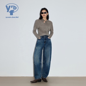YUANBOFEI <span class=keywords><strong>Jeans</strong></span> Anchos de Mezclilla Lavada para Mujer, Estilo Baggy, Corte Bootcut, Retro, Curvos, para Uso Diario - Product Image 1