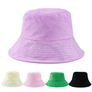 Adult Wide brim flat top foldable plain terry towel cloth bucket hat for men women