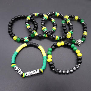 Nouveau Bracelet Extensible Jamaïque Perlé Jaune Vert Rouge Noir Lettre Résine Pierre Noire Perles en Bois Jamaïque - Product Image 3