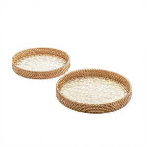 Set Of Two Different Sizes Food <b>Tray</b> Handmade Rattan And MOP Work Serving Snacks Sweets <b>Tray</b> For Sale - Product Image 1