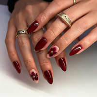 Ongles prêts à poser rouge bordeaux, tonifiants, motifs floraux faits main, perles en acier, forme amande minimaliste