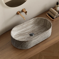 Vasque de salle de bain ovale en pierre artificielle motif travertin grain de bois gris clair, durable, pour décoration intérieure