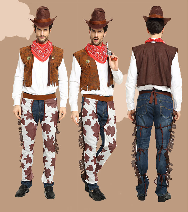 Kids Cowboy Costume Set 4-Piece For Halloween - Brown Western Vest, Pants, Hat & Bandana For 3-4 Year Olds