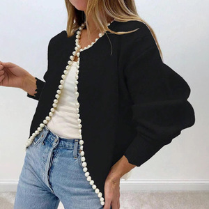 Pearl Trim Knitted <b>Cardigan</b> <b>Sweater</b> One Size Loose Fit Solid Color Women's <b>Cardigan</b> - Product Image 2