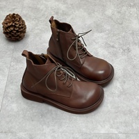 Bottines courtes vintage pour femmes automne 2025, en cuir pleine fleur, bout rond, talon bas, semelle extérieure en caoutchouc, fermeture éclair latérale