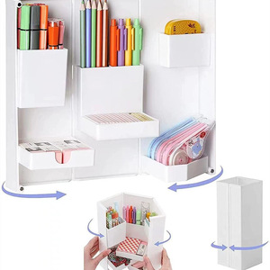 Caja de almacenamiento de papelería plegable 3D para escritorio, estuche para lápices de varias capas, estante para suministros escolares a prueba de polvo, color blanco - Product Image 1