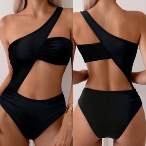Maillot de bain une pièce pour femme, directement de l'usine, avec soutien-gorge push-up à découpes irrégulières, couleur unie, bikinis, maillots de bain personnalisés pour <span class=keywords><strong>la</strong></span> <span class=keywords><strong>plage</strong></span> - Product Image 1