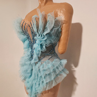 Robe mini en tulle bleu ciel à volants et strass, sans bretelles, avec plumes, pour danse lyrique, concours et spectacle sur scène