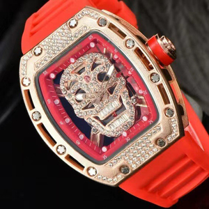 Reloj Automático de Alta Calidad Estilo RM 052 con Calavera Adornada con Diamantes en Oro Rosa y Correa de Goma Naranja - Product Image 1