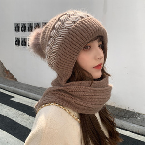 Winter <b>hat</b> <b>scarf</b> one-piece women warm knitted cycling ear protection with plush cute anti cold enclosure - Product Image 2