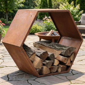 Soporte para Leños de Acero Corten en Oferta, Forma Hexagonal Moderna, Acabado Personalizado, Impermeable, Almacenamiento de Leños para Chimenea - Product Image 1