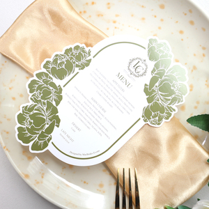 Elegante Menu Floreale per Matrimonio con Bordo <span class=keywords><strong>Verde</strong></span> Oliva, <span class=keywords><strong>Cartoncino</strong></span> Personalizzato con Monogramma Stampato per Allestimento Tavoli da Banchetto Nuziale - Product Image 2