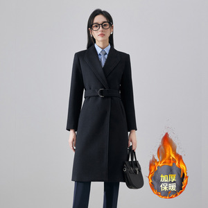 <b>Black</b> Women's Wool Blend <b>Overcoat</b> Long Fitted Waist Thickened Warm Autumn Winter Workwear Professional Coat With Pocket - Product Image 1