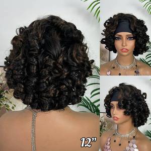 <b>Headband</b> Bouncy Wig Super Double Drawn Quality 100% Human Hair <b>Curly</b> Wig Full Density 12 Inches Short Machine Made Wig - Product Image 2