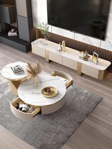 קל יוקרתי מודרני יוקרתי נירוסטה שילוב שולחן קפה ארון טלוויזיה סלון פינות מעוגלות גודל חדש - Product Image 5
