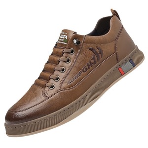 Chaussures décontractées en cuir à lacets pour hommes, bout rond, respirantes, baskets tendance automne, couleur unie, semelle en caoutchouc, détail à bande - Product Image 5