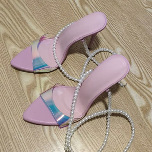 Sandales à talons hauts en PVC coloré pour femmes, grande taille 45, avec bride de cheville perlée, bout pointu, pour soirée, mules personnalisées à talon aiguille - Product Image 1