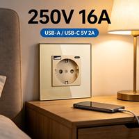 Prise murale UBARO 86 mm UE 16A avec ports USB-C/USB-A, panneau en verre trempé ABS, prise Schuko, anti-effraction, pour maison et hôtel