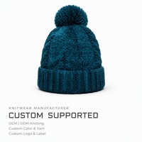 Bonnet tricoté personnalisé avec pompon, bordure plissée, en maille torsadée turquoise, pour l'hiver – Fabrication OEM/ODM