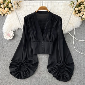 Chemisier court et ajusté à col en V et manches lanternes pour <span class=keywords><strong>femme</strong></span>, style printemps-automne - Product Image 4