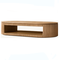 Table basse ovale cannelée moderne en bois massif avec rangement, personnalisable – Offre spéciale