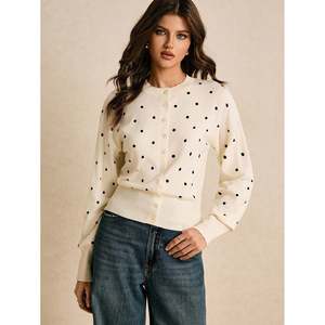 Cardigan en maille fin à pois blancs pour femme, col rond, boutonné, anti-boulochage, coupe décontractée à épaules tombantes, idéal pour le printemps - Product Image 2