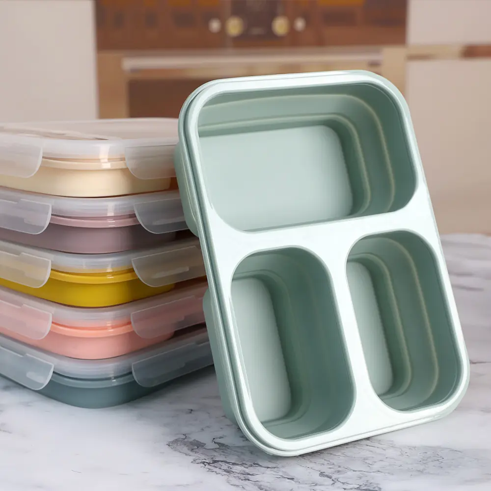 Cách Điện Đóng Mở Di Động Thực Phẩm Lưu Trữ Container Set Với Nắp Đậy Muỗng Nĩa Cách Điện Silicone 3 Ngăn Hộp Ăn Trưa