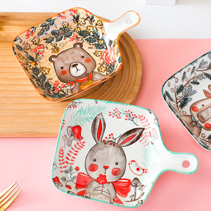 จานเซรามิกสไตล์นอร์ดิกพร้อมหูจับ ลายการ์ตูนน่ารัก ใช้กับไมโครเวฟได้ สำหรับอาหารเช้า ของว่าง ภาชนะใส่อาหารสำหรับครัวเรือน - Product Image 3