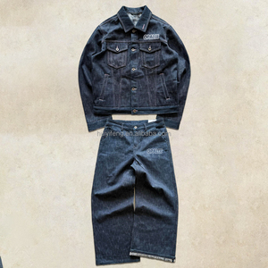 Custom Jeans Suit Clothing Factory Casual Street Fashion Wear chaquetas <span class=keywords><strong>de</strong></span> mezclilla con botones y pantalones vaqueros Set Blue Jeans Set <span class=keywords><strong>para</strong></span> hombres - Product Image 1