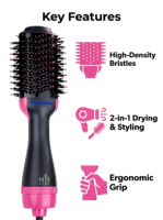 Brosse sèche-cheveux professionnelle HYUNDAI avec ions négatifs pour le lissage, le coiffage et le brushing, noir rose