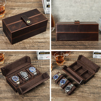 Boîte à montres rétro en cuir Crazy Horse à 3 emplacements, carrée, portable, en cuir véritable, avec fermeture magnétique
