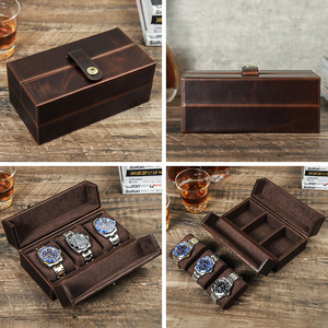 Boîte à montres rétro en cuir Crazy Horse à 3 emplacements, carrée, portable, en cuir véritable, avec fermeture magnétique - Product Image 5