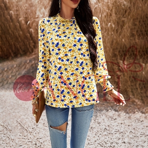 KISS ME ANGEL printemps et été tempérament trajet lanterne manches plissé imprimé fleuri à manches longues chemise ample <span class=keywords><strong>reine</strong></span> de bureau - Product Image 1