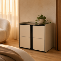 Table de chevet moderne compacte et écologique avec plateau en verre, 2 tiroirs à ouverture par pression, étagère de rangement en bois massif mélaminé pour appartement