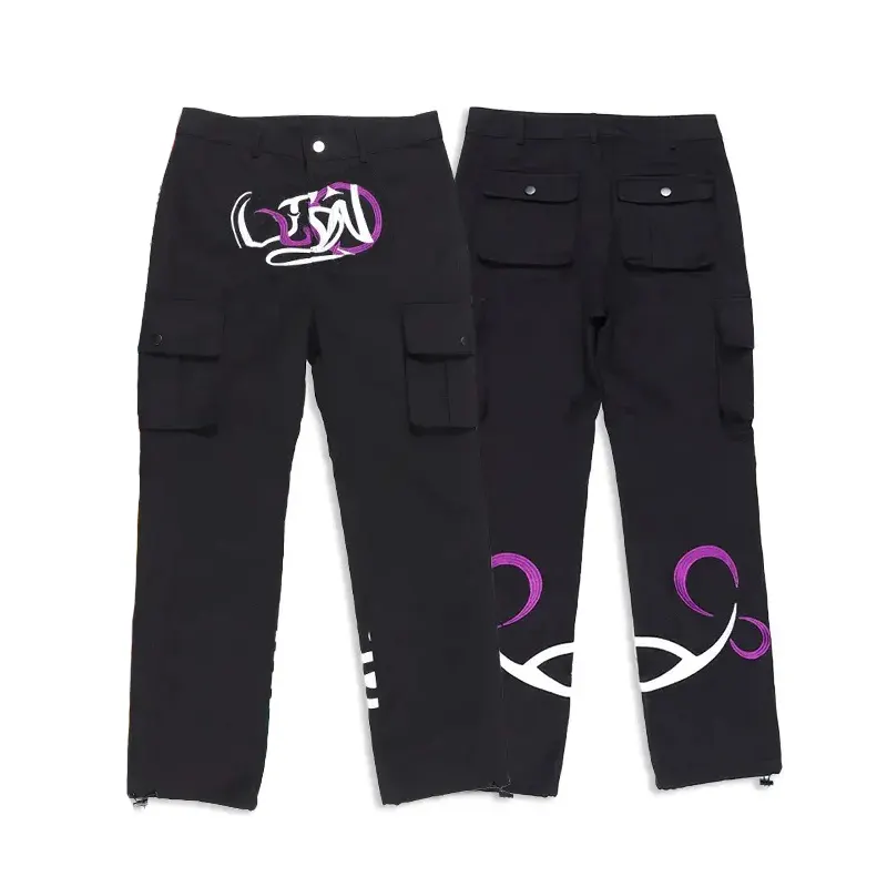 Streetwear large de haute qualité Pantalon brodé pour homme Pantalon de survêtement cargo noir baggy personnalisé empilé