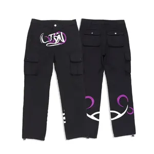 High Quality Wide Leg Streetwear Mens Embroidery Pants Custom Baggy Black Stacked Cargo Track Pants