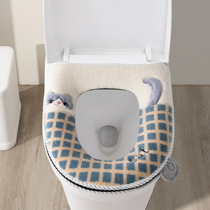 Housse de siège de toilette à motif chat à carreaux, épaisse et lavable pour l'automne et l'hiver - Product Image 1
