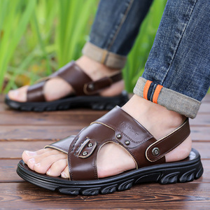 Cross-Strap Genuine Leather Sandals Men Open Toe Rubber Outsole Anti-Slip Casual <b>Beach</b> <b>Shoes</b> Solid Pattern Engraved Logo - Product Image 2