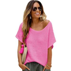 2025 estilo caliente mujer ropa manga corta transpirable verano mujeres tops Color sólido cuello redondo suéter mujeres - Product Image 2