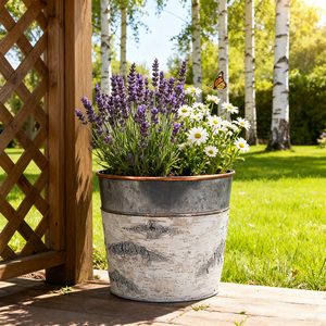 Vente directe 1.4 gallons <span class=keywords><strong>en</strong></span> <span class=keywords><strong>bois</strong></span> naturel écorce de bouleau recouvert de jardinière galvanisée <span class=keywords><strong>Pots</strong></span> de fleurs faits à la main pour jardin d'arrière-cour - Product Image 2