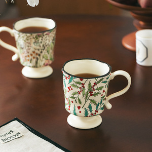 Mug en céramique au design moderne, grande poignée, style britannique vintage, motif floral et d'oiseaux, capacité de 360 ml, tasse à café latte pour les fêtes - Product Image 4