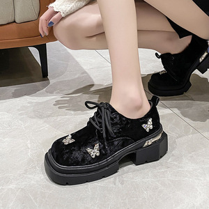 British Style Thick Rhinestone Toe Thick Heel for Women Spring Preppy Medium Heel Flats Small Leather Shoes - Product Image 2