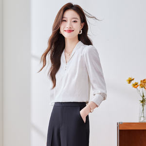 Blus kerah warna polos wanita, kemeja kemeja putih lengan panjang leher-v untuk perempuan - Product Image 4